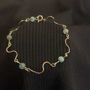 Handmade Gold Wave Bracelet with Green Beads | Minimalist Boho Artisan Jewelry